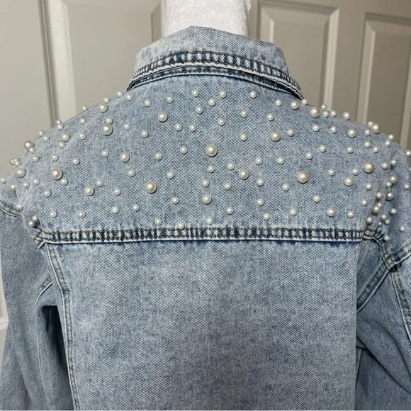 Pearl Embellished Denim Jean Jacket Button Front Long Sleeve Light Blue Wash - Picture 6 of 16